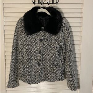 Isadora Paris Elegant Black Gray Wool and Mohair Faux Fur Collar Teddy Jacket